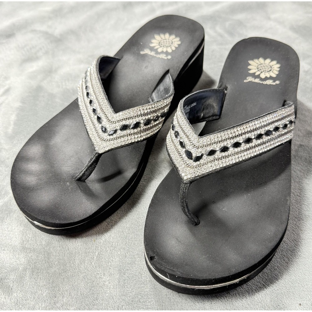 Yellow Box Sandals Shoes Womens Size 8.5 Black Marcy Wedge Rhinestone Thong‎